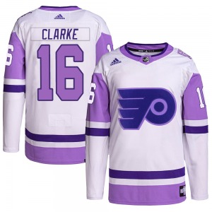 Authentic Adidas Adult Bobby Clarke White/Purple Hockey Fights Cancer Primegreen Jersey - NHL Philadelphia Flyers