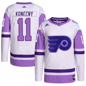 Authentic Adidas Adult Travis Konecny White/Purple Hockey Fights Cancer Primegreen Jersey - NHL Philadelphia Flyers