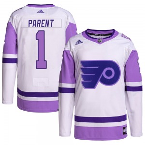 Authentic Adidas Adult Bernie Parent White/Purple Hockey Fights Cancer Primegreen Jersey - NHL Philadelphia Flyers