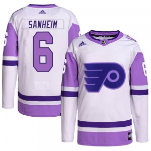 Authentic Adidas Adult Travis Sanheim White/Purple Hockey Fights Cancer Primegreen Jersey - NHL Philadelphia Flyers