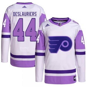 Authentic Adidas Youth Nicolas Deslauriers White/Purple Hockey Fights Cancer Primegreen Jersey - NHL Philadelphia Flyers