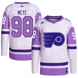 Authentic Adidas Youth Victor Mete White/Purple Hockey Fights Cancer Primegreen Jersey - NHL Philadelphia Flyers